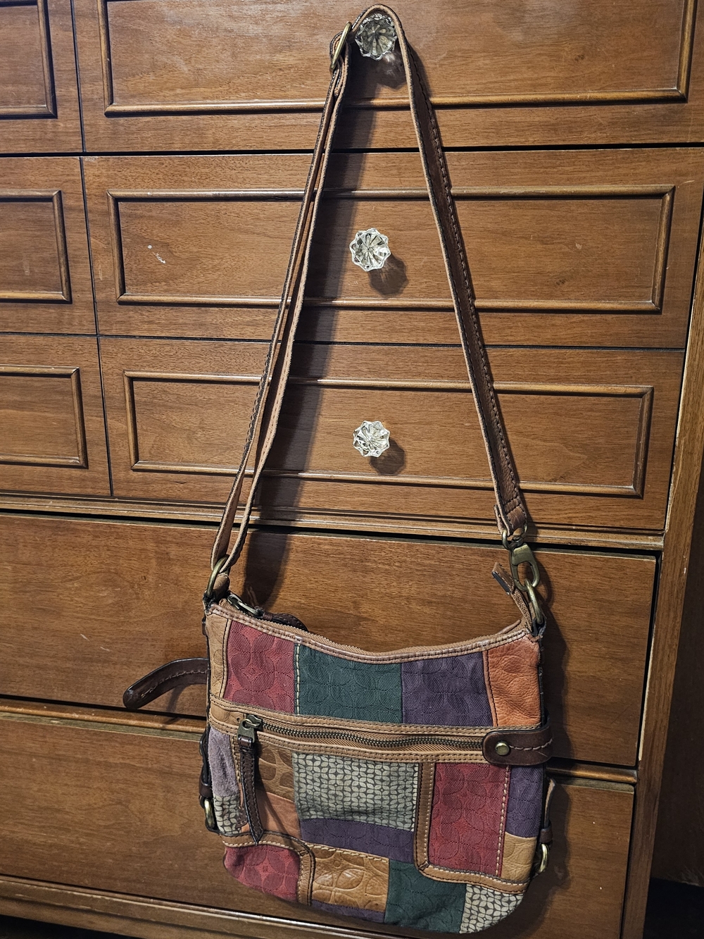 Fossil Multicolor Patchwork Leather Crossbody with Brown Strap